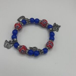 Blue and Red Flower Bead Stretch Bracelet with Silver Charms